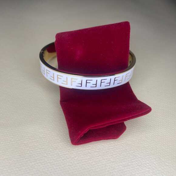 Chic White & Gold Logo Print Bangle Bracelet - Picture 4 of 4